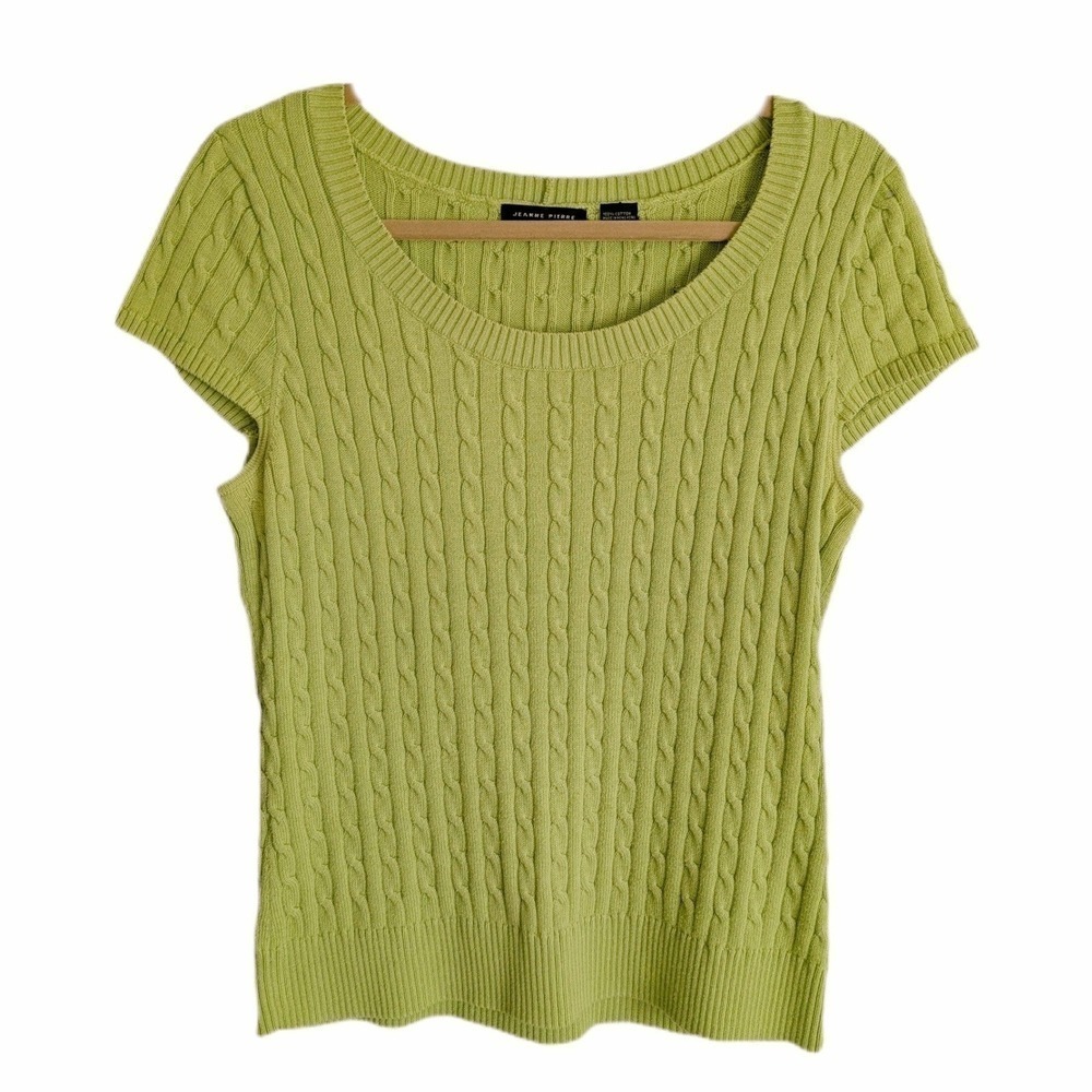Jeanne Pierre Vintage Y2K Academia Chartreuse Green Cable Knit Tee-Shirt